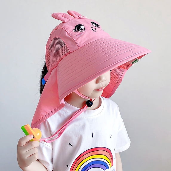 SGFCWSX Boys Sun Hat Wide Brim UV Protection Neck Flap Chin Strap Breathable Summer Outdoor Beach Bucket Hats for Kids Pink Free Size
