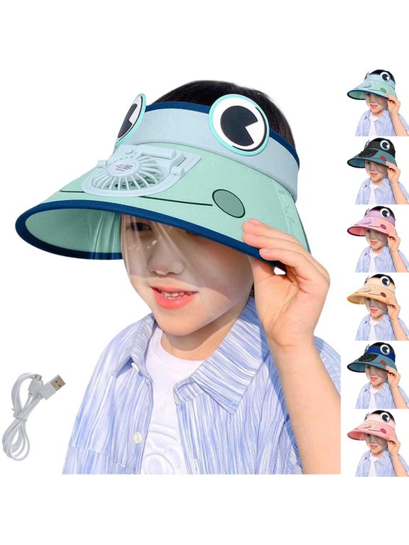 Boys Sun Visor Hat USB Rechargeable Fan Wide Brim UV Protection Cute Adjustable Summer Outdoor Beach Hat for Kids Light Blue Free Size