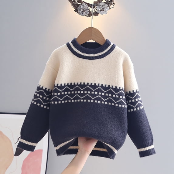SGFCWSX Boys Sweater Crew Neck Fair Isle Pattern Knit Winter Warm Soft Long Sleeve Casual Everyday School Pullover Navy Size 5T