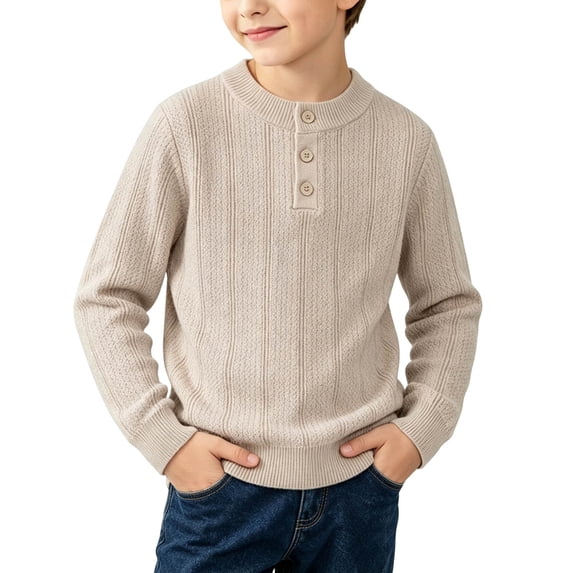 SGFCWSX Boys Sweater Henley Button Front Ribbed Knit Long Sleeve Casual Winter Warm Everyday Pullover Khaki Size 5T