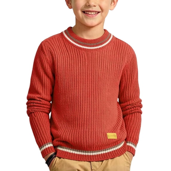 SGFCWSX Boys Sweater Ribbed Pullover Crewneck Striped Trim Varsity Style Cozy Soft Warm Winter Top Red Size 2T