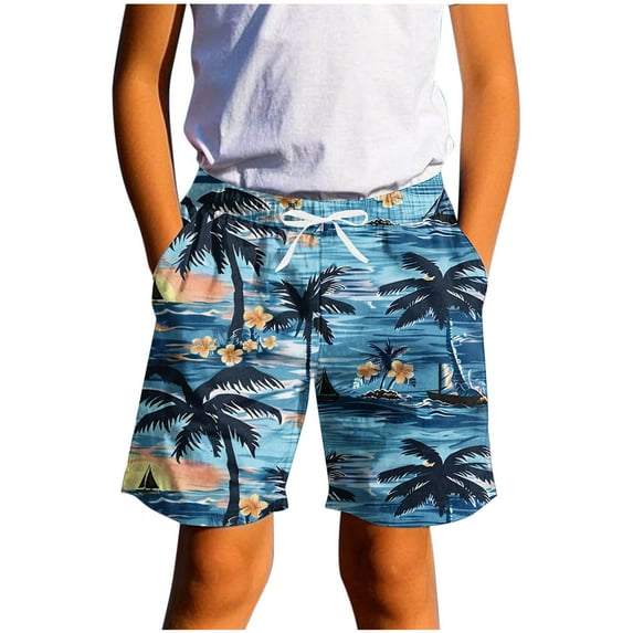 SGFCWSX Boys Swim Trunks with Pockets Hawaiian Graphic Elastic Waist Quick Dry Summer Beach Shorts for Teens Sky Blue Size 13-14 Years