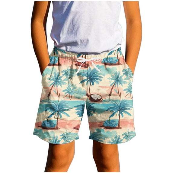 SGFCWSX Boys Swim Trunks with Pockets Quick Dry Elastic Waist Hawaiian Print Summer Beach Shorts for Kids Beige Size 11-12 Years