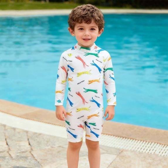 SGFCWSX Boys Swimsuit One Piece Cute Print Long Sleeve Rash Guard Knee Length Bathing Suit for Kids Beach Pool Swim Lessons White Size 0 Months