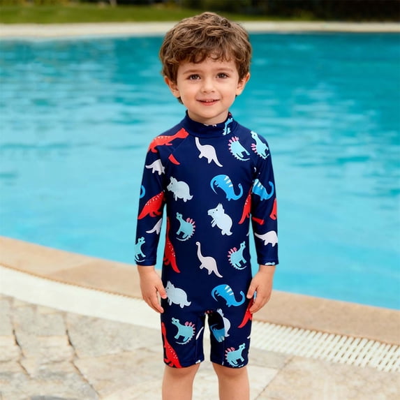 SGFCWSX Boys Swimsuit One Piece Long Sleeve Rash Guard Knee Length Cute Print Bathing Suit for Kids Beach Pool Swim Lessons Navy Size 0 Months