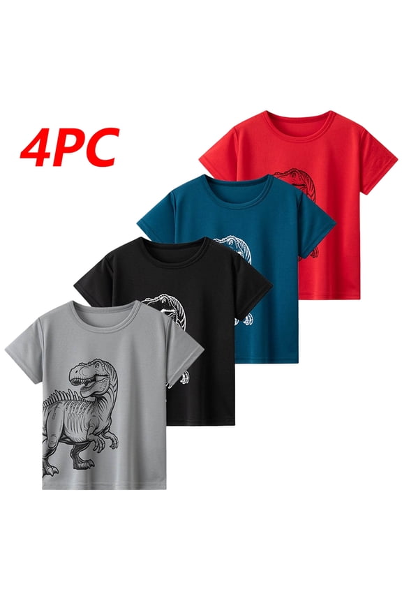 Boys T Shirt 4 Pack Short Sleeve Crew Neck Dinosaur Print Casual Soft Teens Daily School Playwear Tee Tops Black Size 14