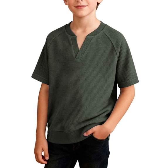 SGFCWSX Boys T Shirt Waffle Knit Raglan Sleeve Notch Neck Solid Soft Stretchy Comfortable Teens Everyday Casual Tee Shirts Army Green Size 13