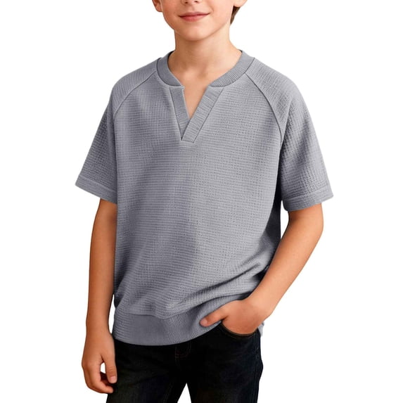 SGFCWSX Boys T Shirt Waffle Knit Raglan Sleeve Notch Neck Solid Soft Stretchy Comfortable Teens Everyday Casual Tee Shirts Gray Size 13