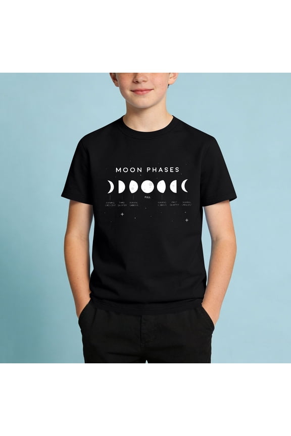 Boys T Shirts Glow in The Dark Moon Phases Print Crew Neck Short Sleeve Casual Novelty Tops for Kids Black Size 5T