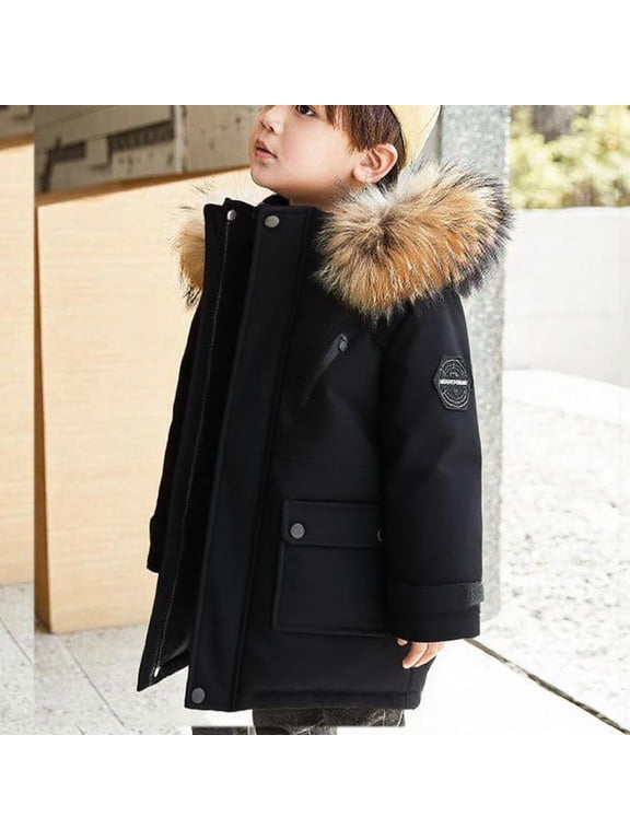 Boys Winter Parka Long Puffer Coat Faux Fur Hood Waterproof Windproof Insulated School Outerwear Black Size 5T