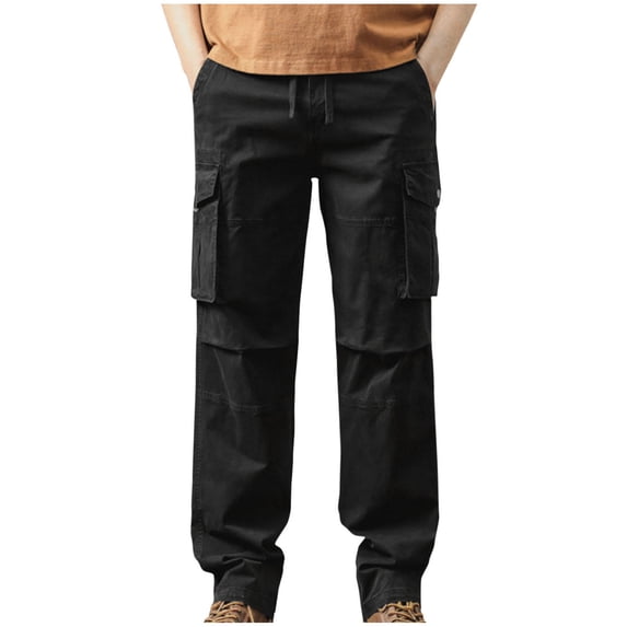 SGFCWSX Cargo Pants for Men– Solid Multi-Pocket Outdoor Casual Pants with Adjustable Drawstring Waist Black Size M