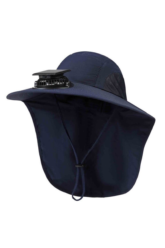 Fishing Hats for Men,Solar-Powered Fan Full Face Coverage Adjustable Chin Strap UV Protection Cap Navy