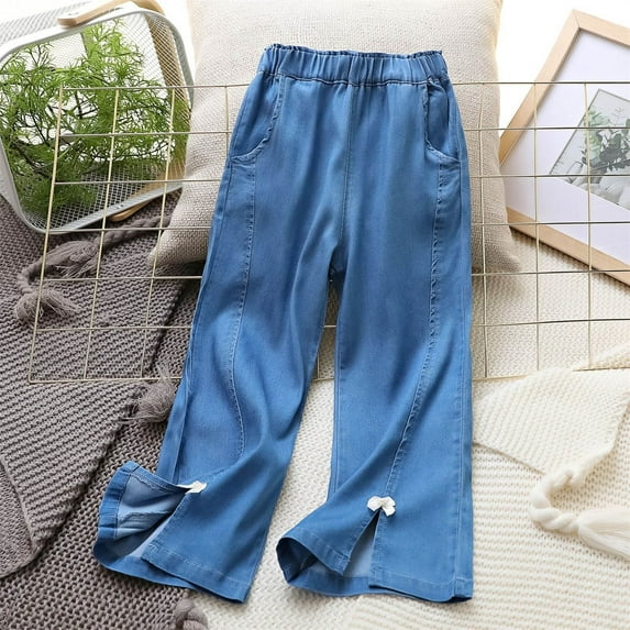 SGFCWSX Flare Jeans for Girls Elastic Waist Slim Denim Pants with Pockets Casual Pant Dark Blue Size 5 Years