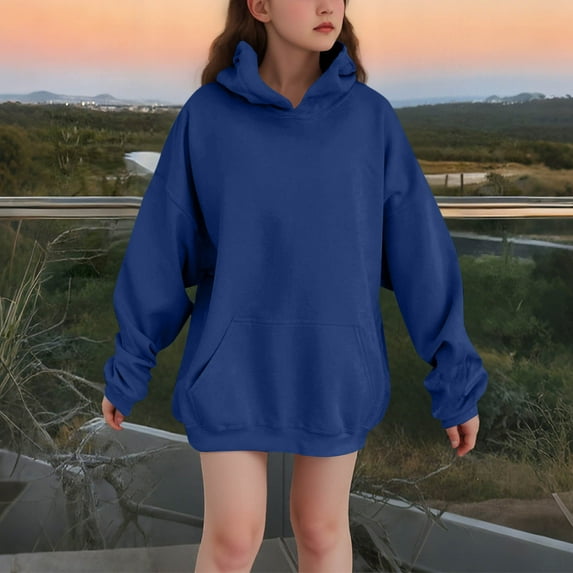 SGFCWSX Fleece Hoodies for Girls Solid Color Sweatshirt Kids Thermal Sweatshirts Navy Size 7-8Years