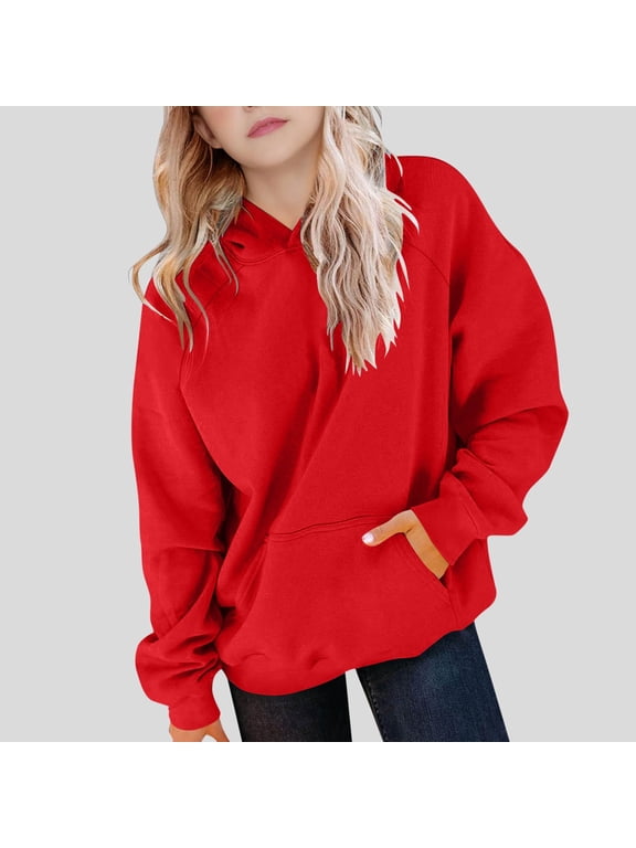 Fleece Hoodies for Girls Solid Color with Pockets Sweatshirt Kids Thermal Sweatshirts Red Size 7 Years