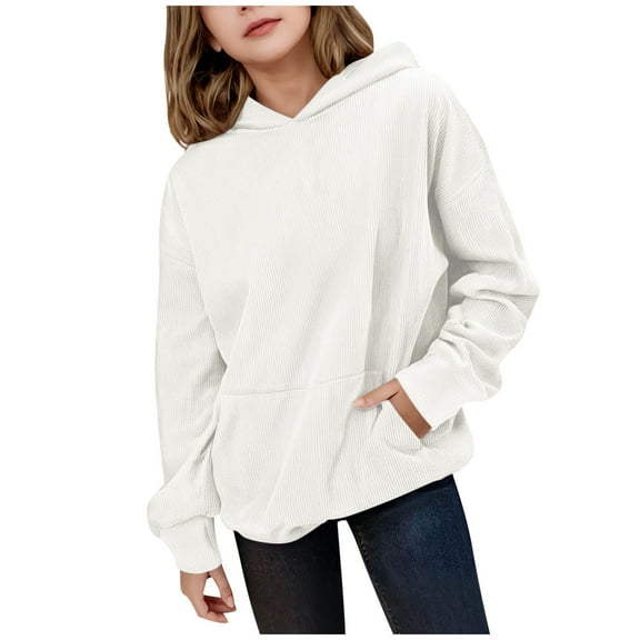 SGFCWSX Fleece Hoodies for Girls Solid Color with Pockets Sweatshirt Kids Thermal Sweatshirts White Size 10-11 Years
