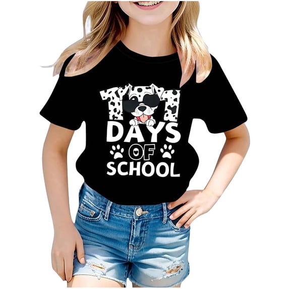 SGFCWSX Girls 100 Days of School Short Sleeve T-Shirt, Teens Graphic Campus Daily Soft Tees Casual Summer Outfit Black Size 13-14 Years