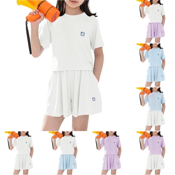 SGFCWSX Girls 2 Piece Active Outfits Kids Summer Quick Dry Breathable Cropped Short Sleeve Tee Graphic Print Elastic Waist Shorts with Pockets Sports Wear White Size 5-6 Years