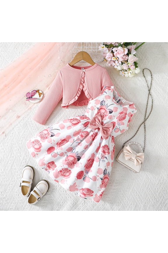 Girls 2-Piece Outfit, Floral Sleeveless Dress with Bow and Ruffled Knit Cardigan, Kids Casual Elegant Clothing Set Pink Size 2-3Years