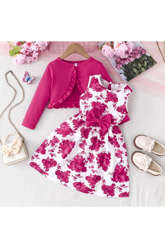 Girls 2-Piece Outfit, Floral Sleeveless Dress with Bow and Ruffled Knit Cardigan, Kids Elegant Casual Clothing Set Hot Pink Size 6-7Years