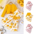 thumbnail image 1 of SGFCWSX Girls 2-Piece Outfit, Floral Sleeveless Dress with Bow and Ruffled Knit Cardigan, Kids Elegant Casual Clothing Set Yellow Size 3-4Years, 1 of 10