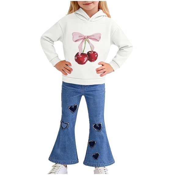 SGFCWSX Girls 2-Piece Outfit, Graphic Hoodie and Heart Flared Denim Jeans, Casual Daily Trendy Clothing Set for Kids White Size 6-7 Years