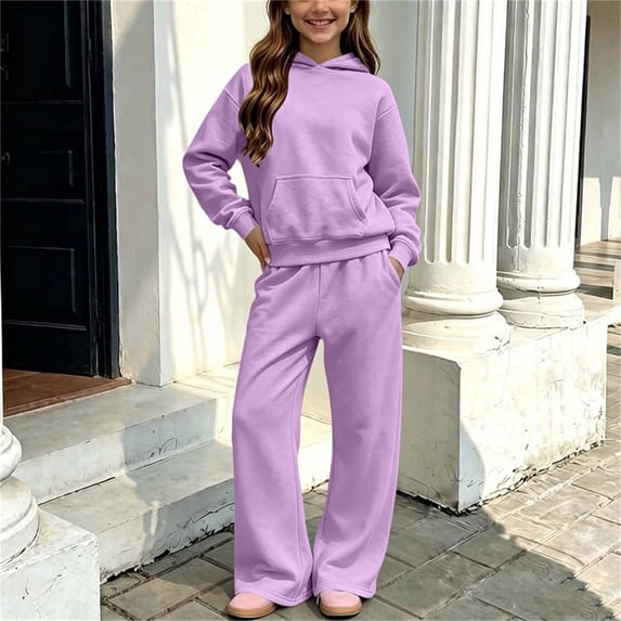 SGFCWSX Girls 2 Piece Outfit Hoodie and Wide Leg Pants Hooded Long Sleeve Pockets Soft Casual Athletic Trendy Sweatsuit Purple Size 7