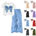 thumbnail image 1 of SGFCWSX Girls 2 Piece Outfit Sequin Bow Print Short Sleeve Top and Elastic Waist Cargo Wide Leg Pants Casual Summer Set Blue Size 10, 1 of 8