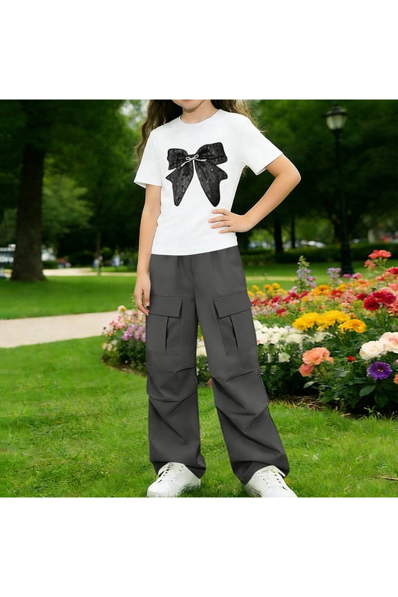 Girls 2 Piece Outfit Sequin Bow Print Short Sleeve Top and Elastic Waist Cargo Wide Leg Pants Casual Summer Set Dark Gray Size 12