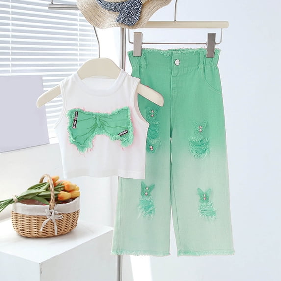 SGFCWSX Girls 2-Piece Outfit, Sleeveless Cropped Top and Ombre Distressed Jeans, Casual Trendy Daily Clothing Set for Kids Green Size 3-4Years