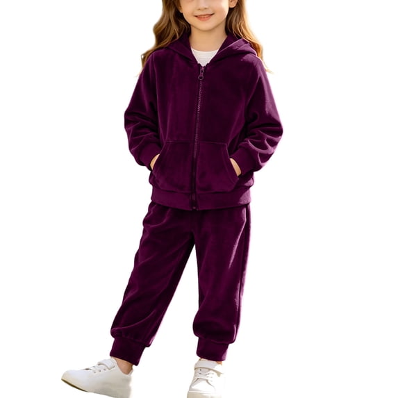 SGFCWSX Girls 2 Piece Outfit Zip Up Hoodie and Jogger Pants Velour Hooded Long Sleeve Pockets Soft Casual Trendy Sweatsuit Purple Size 4T