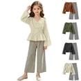 thumbnail image 1 of SGFCWSX Girls 2 Piece Outfits Bell Sleeve V Neck Peplum Tops Striped Wide Leg Pants Casual Clothes Set Beige Size 11, 1 of 9