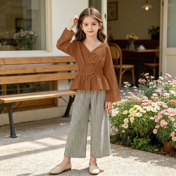 SGFCWSX Girls 2 Piece Outfits Bell Sleeve V Neck Peplum Tops Striped Wide Leg Pants Casual Clothes Set Brown Size 8