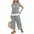 thumbnail image 1 of SGFCWSX Girls 2 Piece Outfits Bow Lace Hem Short Sleeve Tops Wide Leg Capri Pants Summer Casual Clothes Set Gray Size 2T, 1 of 9