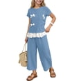 thumbnail image 1 of SGFCWSX Girls 2 Piece Outfits Bow Lace Hem Short Sleeve Tops Wide Leg Capri Pants Summer Casual Clothes Set Light Blue Size 3T, 1 of 9