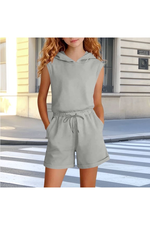Girls 2 Piece Outfits Hooded Sleeveless Top and Shorts Set Summer Casual Athletic Clothes with Pockets Gray Size 12