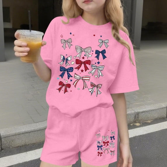 SGFCWSX Girls 2 Piece Outfits Kids 4th of July Oversized Summer Casual Short Sleeve T Shirt Graphic Print Elastic Waist Shorts Daily Wear Pink Size 7-8 Years