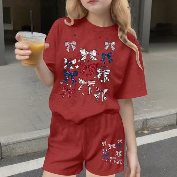 SGFCWSX Girls 2 Piece Outfits Kids 4th of July Oversized Summer Casual Short Sleeve T Shirt Graphic Print Elastic Waist Shorts Daily Wear Red Size 3-4 Years