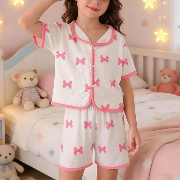 SGFCWSX Girls 2 Piece Outfits Kids Ribbed Knit Bow Print Short Sleeve Button Down Casual Clothing Sets Pink Size 5-6 Years