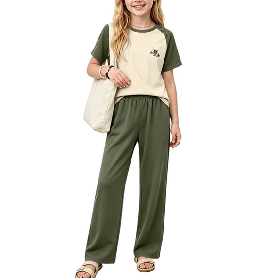 SGFCWSX Girls 2 Piece Outfits Raglan Sleeve Color Block Short Sleeve T-Shirt Wide Leg Pants Summer Casual Clothes Set Army Green Size 12