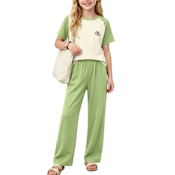 SGFCWSX Girls 2 Piece Outfits Raglan Sleeve Color Block Short Sleeve T-Shirt Wide Leg Pants Summer Casual Clothes Set Green Size 3T
