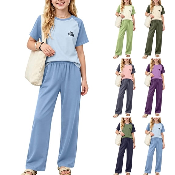 SGFCWSX Girls 2 Piece Outfits Raglan Sleeve Color Block Short Sleeve T-Shirt Wide Leg Pants Summer Casual Clothes Set Light Blue Size 8