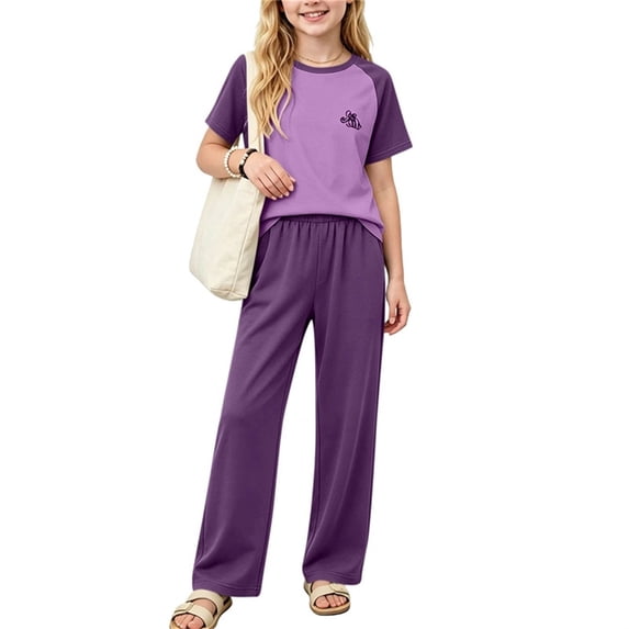 SGFCWSX Girls 2 Piece Outfits Raglan Sleeve Color Block Short Sleeve T-Shirt Wide Leg Pants Summer Casual Clothes Set Purple Size 14