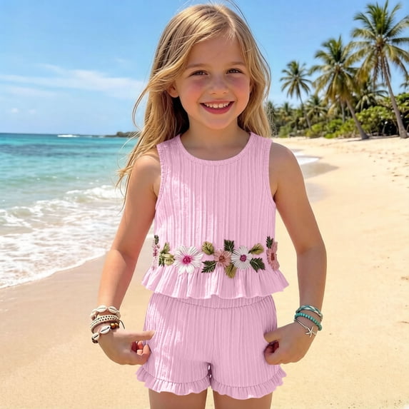 SGFCWSX Girls 2 Piece Outfits Ribbed Sleeveless Tank Top Floral Embroidered Flounce and Ruffle Shorts Set Summer Casual Cute Clothes Pink Size 2T