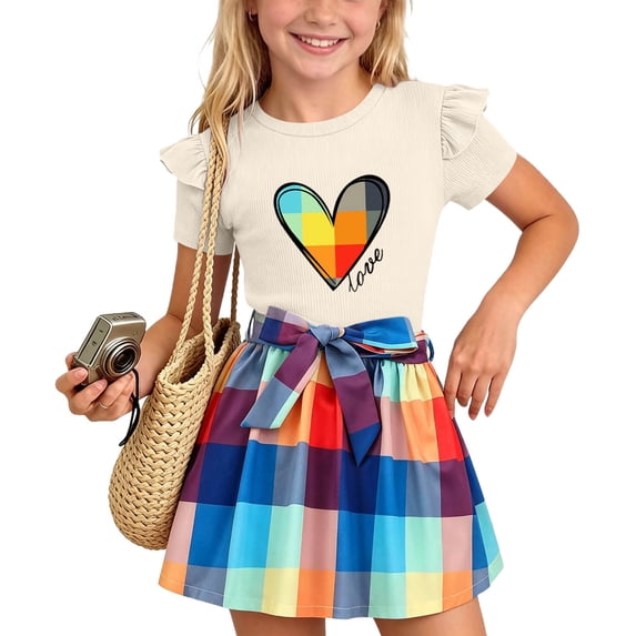 SGFCWSX Girls 2 Piece Outfits Ruffle Short Sleeve Heart Print Tops Belted Plaid Skirt Summer Casual Clothes Set Beige Size 4T
