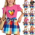 thumbnail image 1 of SGFCWSX Girls 2 Piece Outfits Ruffle Short Sleeve Heart Print Tops Belted Plaid Skirt Summer Casual Clothes Set Hot Pink Size 6, 1 of 9