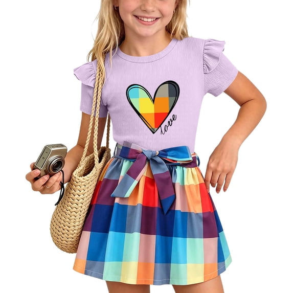 SGFCWSX Girls 2 Piece Outfits Ruffle Short Sleeve Heart Print Tops Belted Plaid Skirt Summer Casual Clothes Set Purple Size 3T