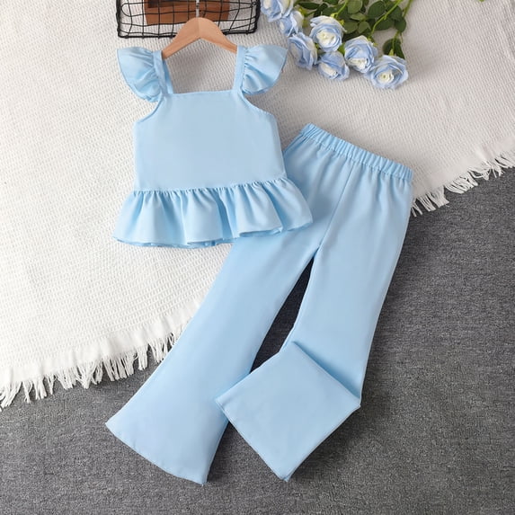 SGFCWSX Girls 2 Piece Outfits Ruffle Strap Peplum Top and Flare Pants Summer Casual Clothes Set Blue Size 5T