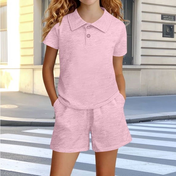 SGFCWSX Girls 2 Piece Outfits Short Sleeve Polo Shirts and Shorts Set Summer Casual Athletic Clothes with Pockets Pink Size 14