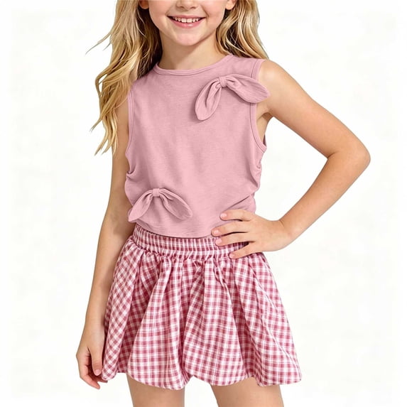 SGFCWSX Girls 2 Piece Outfits Sleeveless Bow Knot Tank Tops Plaid Skort Summer Casual Clothes Set Pink Size 5T